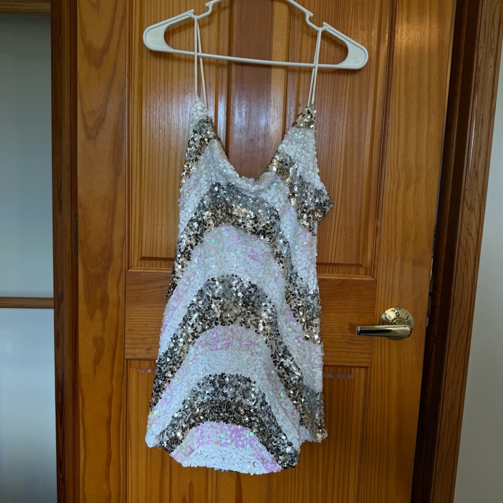 Selfie Leslie Sequin Cowl Neck Mini Dress - White
